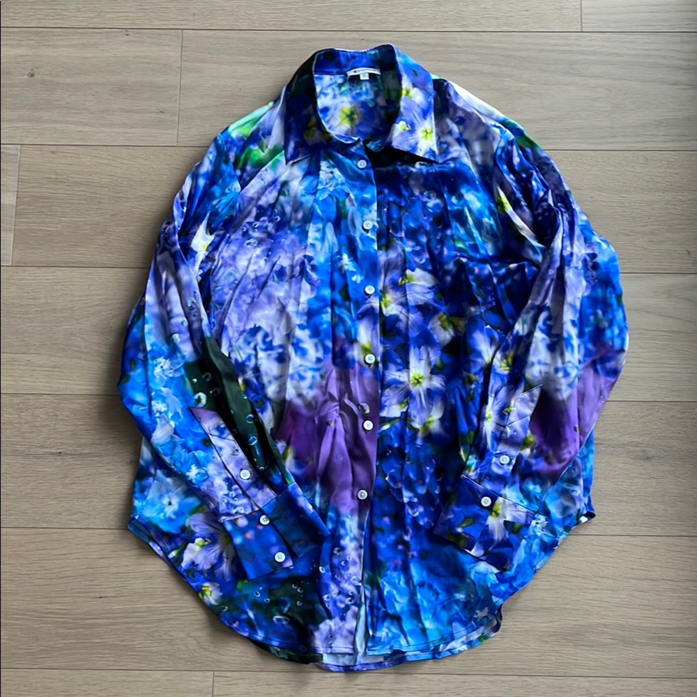 100% Silk Blue and Purple Floral Button-Up Shirt